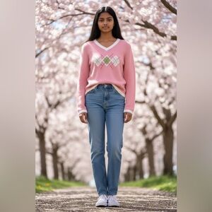 Christopher Banks Rose Pink Diamond Hand Embroidered Detailed Sweater Sz Small